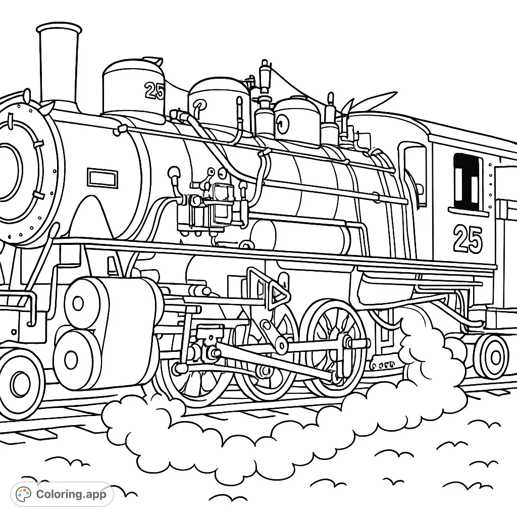 Color a powerful steam locomotive, number 25, with intricate machinery, billowing steam, and railway tracks. A detailed challenge for train enthusiasts.