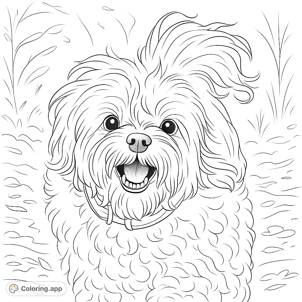 A delightful fluffy dog with a happy, open-mouthed expression, perfect for pet lovers. Enjoy coloring this charming canine companion!