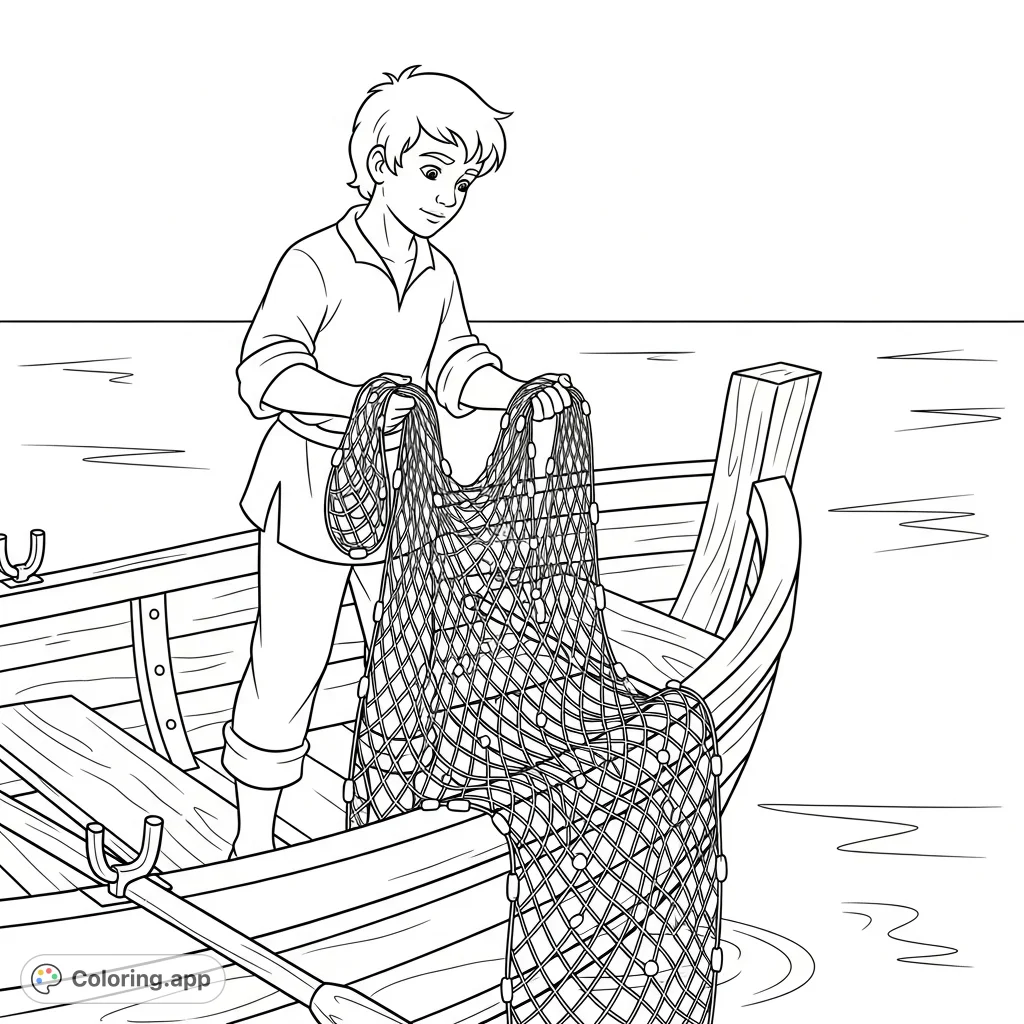 A detailed Peter coloring page featuring a younger Peter in a fishing boat, holding a net and looking into the water. Perfect for a free printable fishing coloring page.