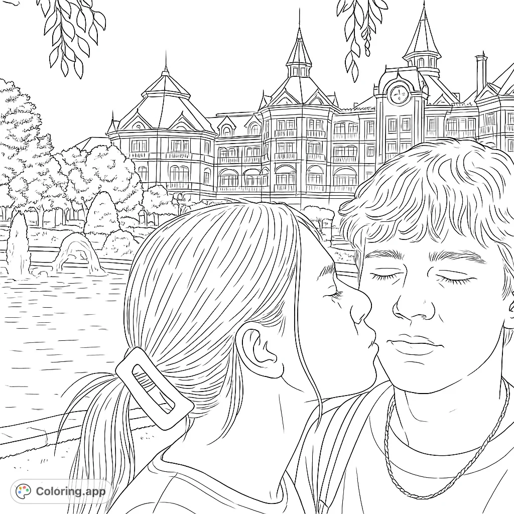 Capture a tender moment: a sweet kiss in front of a majestic, fairytale-like castle and a sparkling fountain. A romantic scene for all ages.