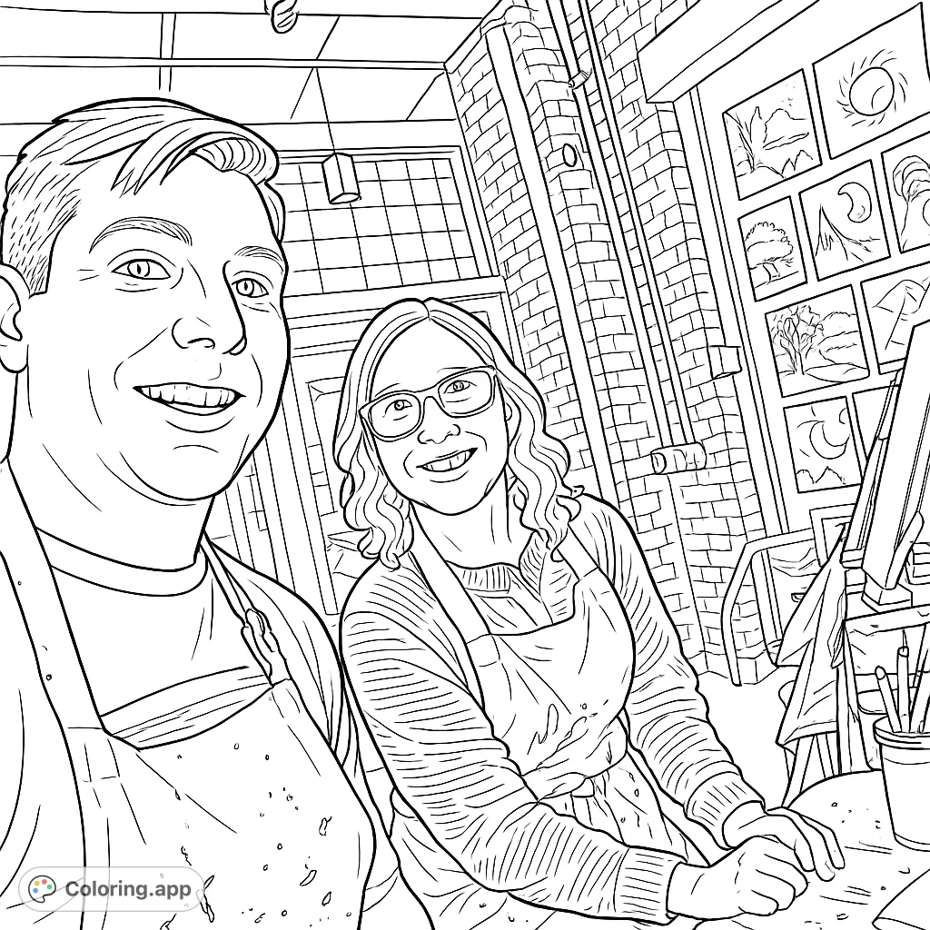 A cheerful couple in aprons at an art studio, surrounded by creative works. Perfect for art lovers and those who enjoy shared hobbies.