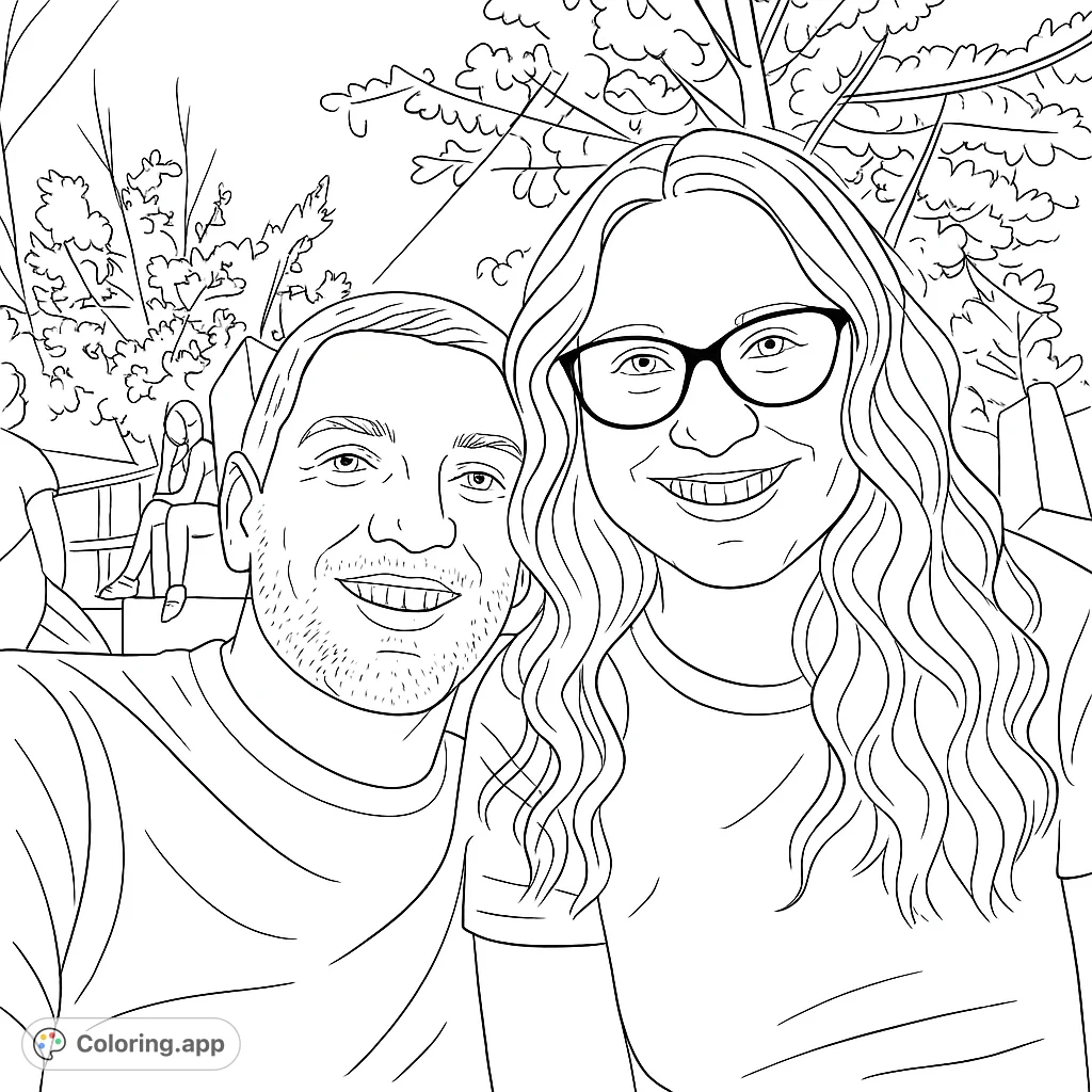 Capture the joy of a smiling couple at an outdoor event. This heartwarming coloring page features a happy pair amidst a lively, natural setting, perfect for personalization.