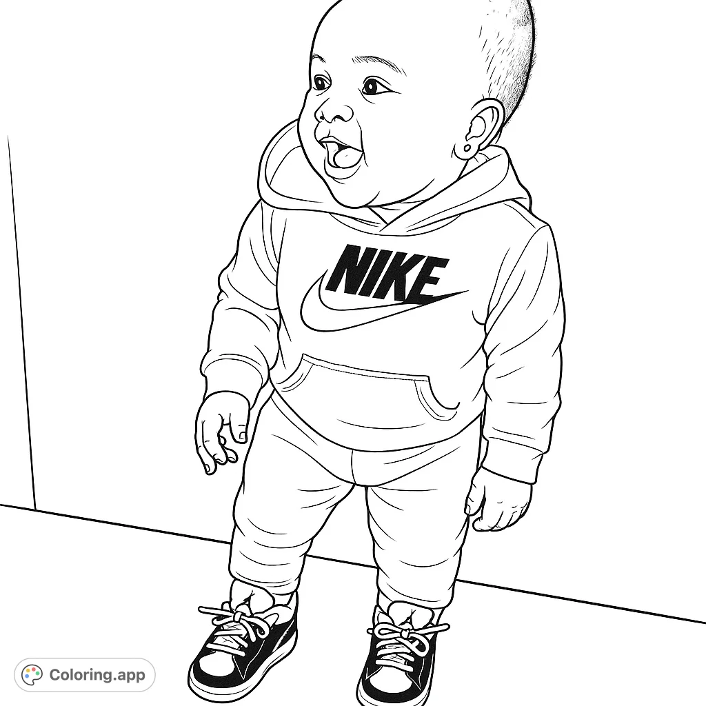 Capture the adorable charm of a stylish baby in a hooded outfit and trendy sneakers. Perfect for aspiring artists of all ages to personalize.