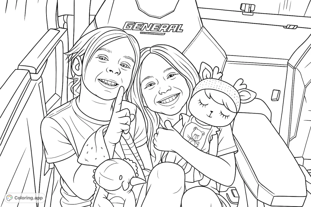 Two happy girls with smudged faces and a plush toy, enjoying an adventure in a vehicle. A fun, free printable coloring page for kids.
