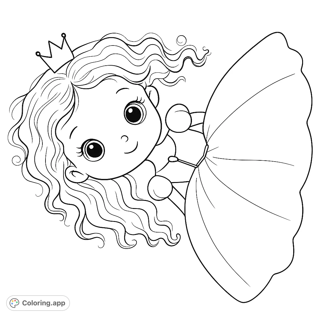 A delightful princess coloring page featuring a sweet character with a crown and flowing gown, perfect for imaginative young artists.