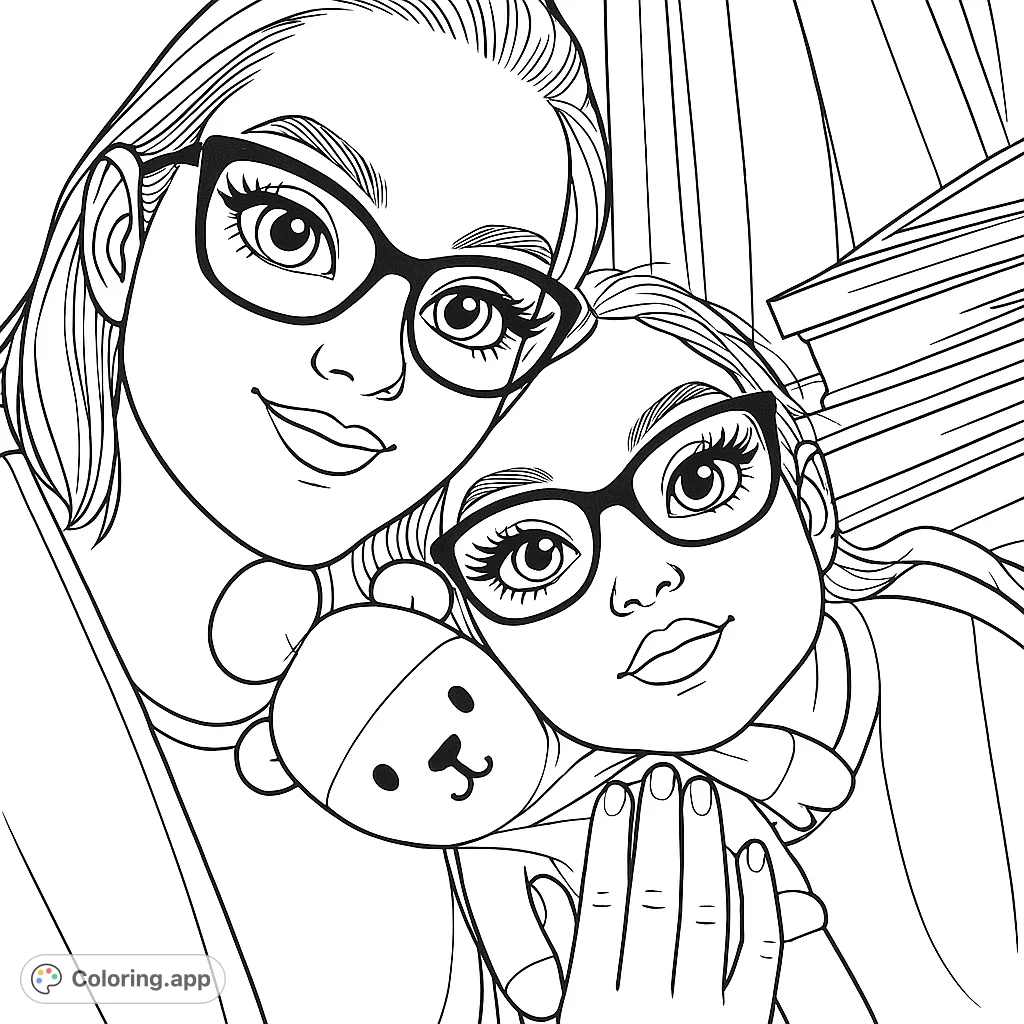 A heartwarming coloring page featuring two figures, one older and one younger, sharing a tender embrace with a teddy bear. Perfect for all ages.