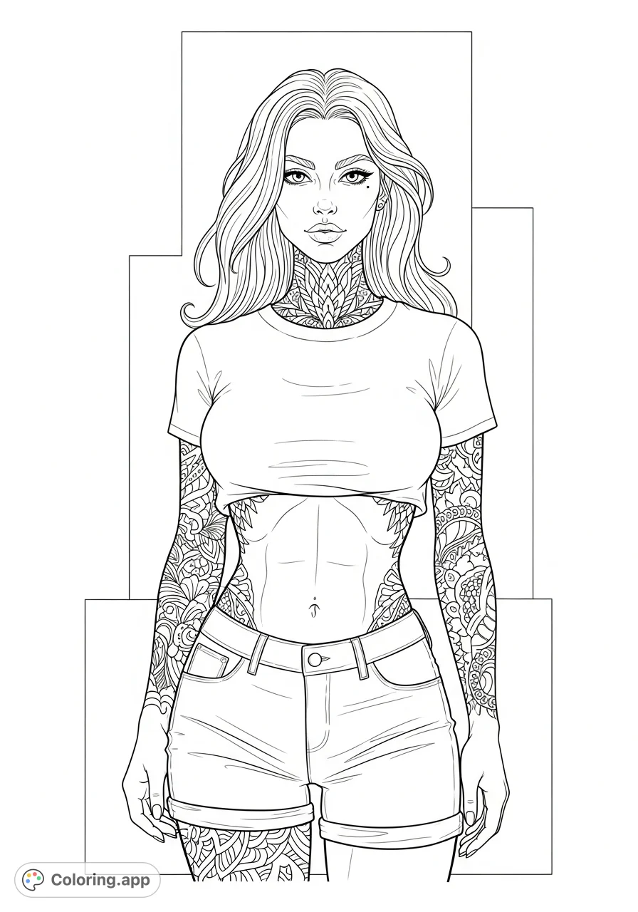 Explore a confident female figure with long hair and intricate tattoos, styled in a belly shirt and shorts against a modern background. Perfect for detailed artistic expression.