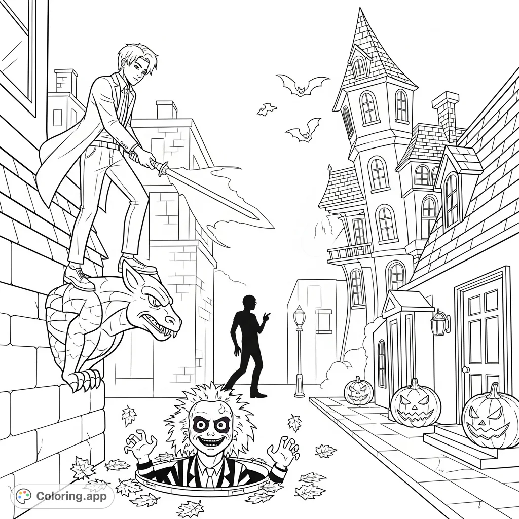 A Kpop demon hunter overlooks a city street where Beetlejuice emerges from a manhole, a Dexter-like figure lurks, and a crooked mansion looms.