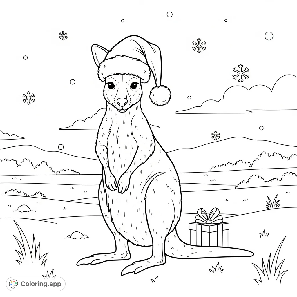 A charming Bennett's wallaby dons a festive Santa hat, ready to spread holiday cheer. This delightful coloring page is perfect for all ages.