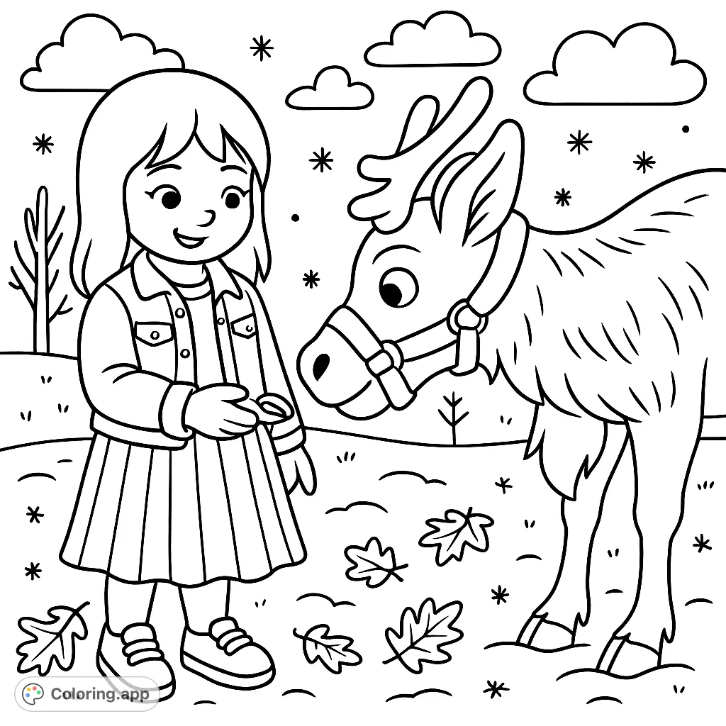 A heartwarming reindeer coloring page featuring a child feeding a friendly reindeer. Perfect free printable coloring page for kids, with seasonal elements and clouds.
