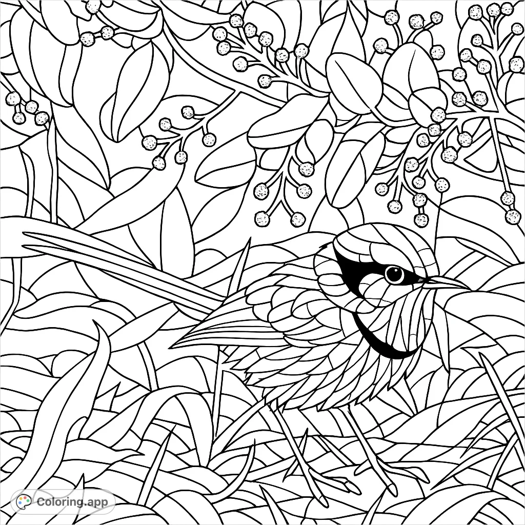 Color this exquisite bird in a stunning stained glass style. Features intricate details of a feathered friend amidst natural foliage.