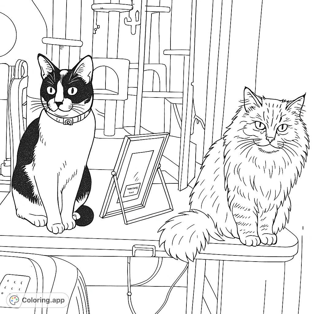 A charming coloring page featuring two distinct cats sitting side-by-side on a table, with a cat tree in the background. Perfect for animal lovers!