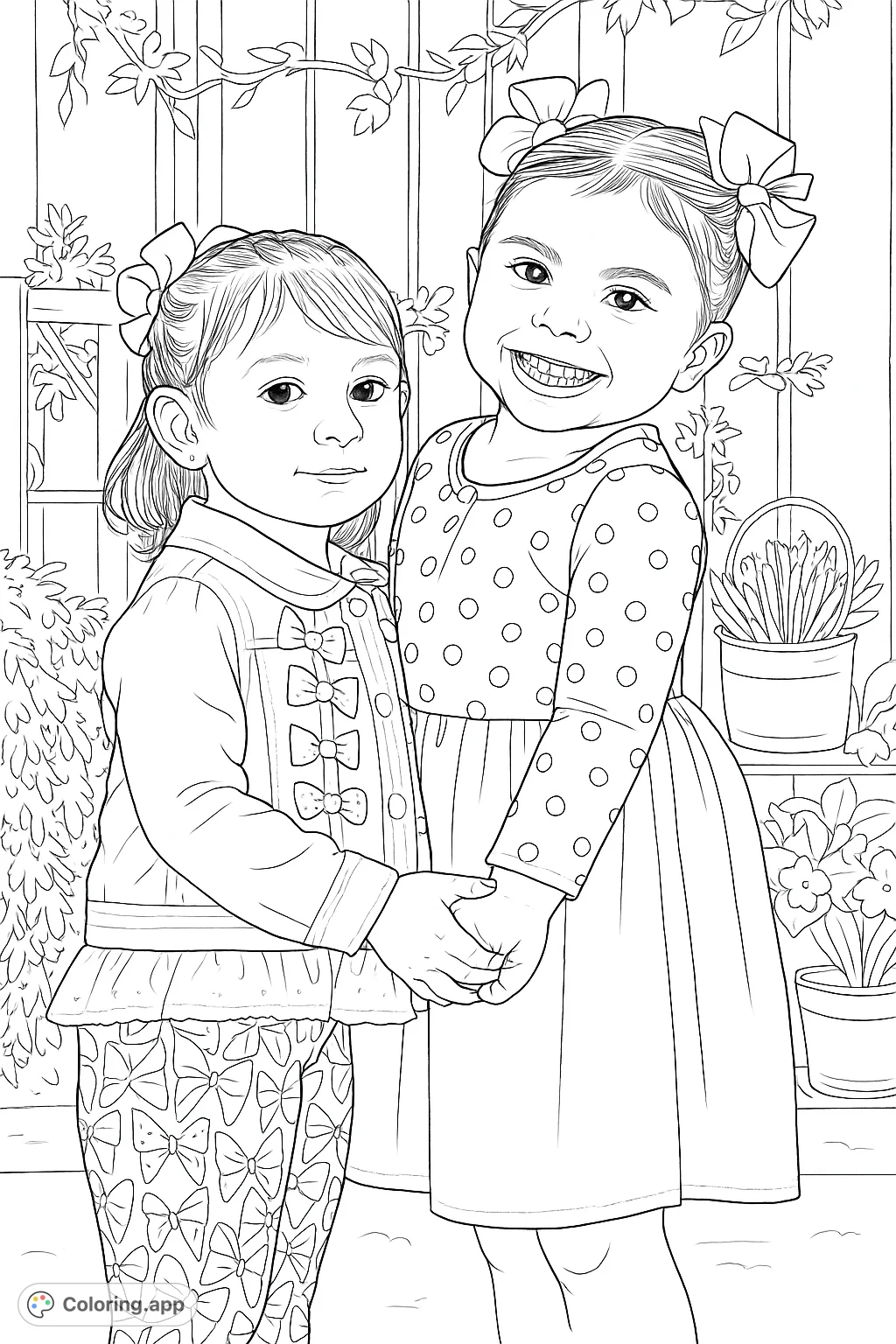 A heartwarming coloring page featuring two cheerful girls holding hands, set against a charming garden backdrop with bows and polka dots. Perfect for young artists.
