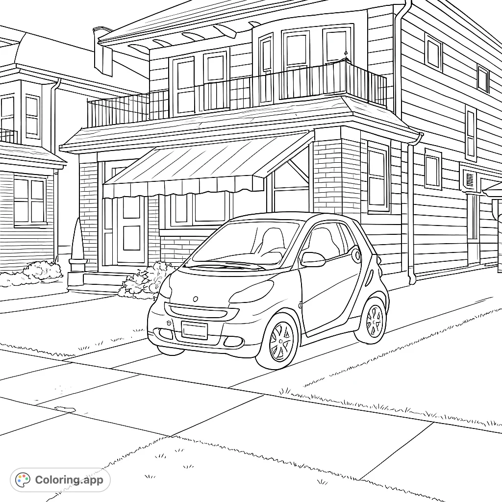 Color a charming compact car parked in a suburban driveway, set against a detailed house with an awning and lush lawn. A fun vehicle coloring page.