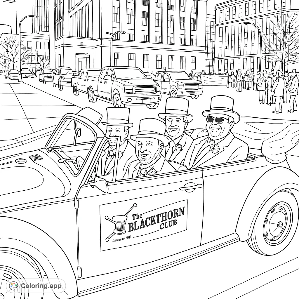 Four smiling gentlemen in top hats and suits ride in a classic convertible during a festive city parade, surrounded by buildings and other vehicles.