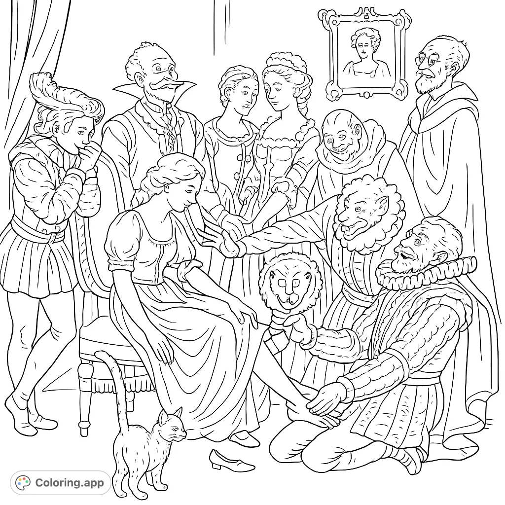 A detailed historical scene depicting Cinderella's magical slipper fitting, surrounded by onlookers. Perfect for fans of classic fairy tales.