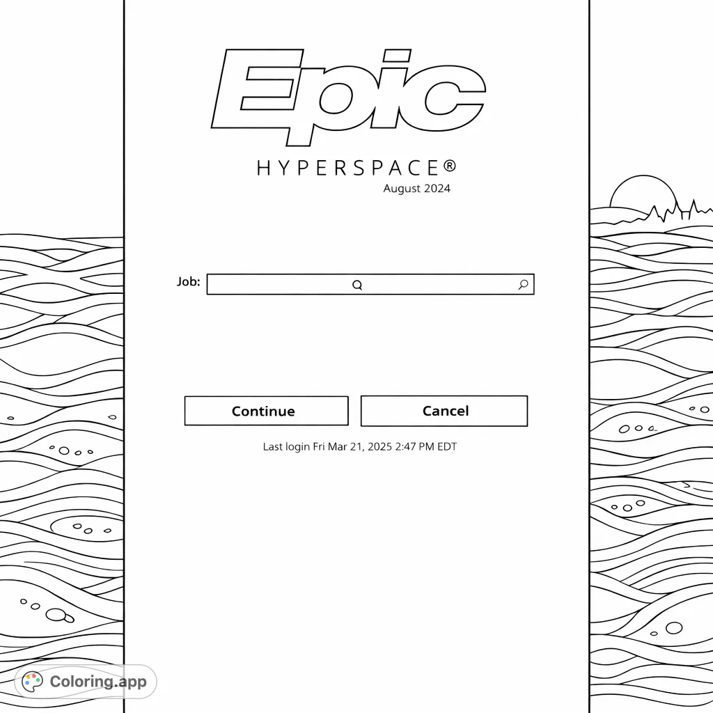Color a unique digital interface login screen set against an abstract landscape with wavy patterns and a rising celestial body. Explore geometric shapes and intricate background details.