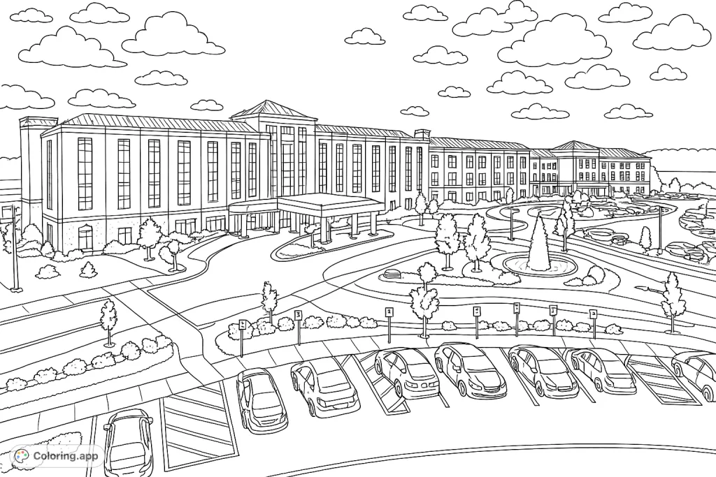 Detailed coloring page of a large, modern building with extensive grounds, a fountain, and parking areas, perfect for architectural enthusiasts.