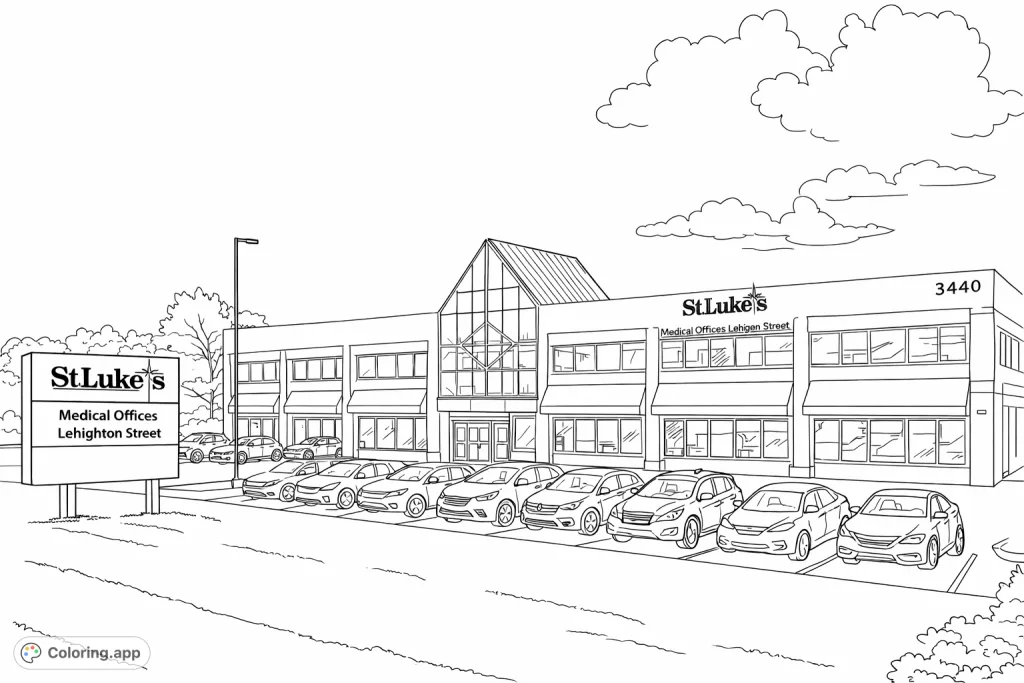 Explore the intricate details of a modern medical office building, complete with parked cars and a detailed landscape, perfect for realistic coloring.