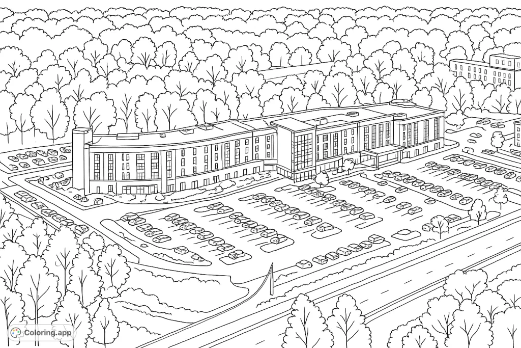 Explore an intricate modern building complex from an aerial perspective, featuring detailed architecture, expansive parking lots with vehicles, and surrounding dense forest.