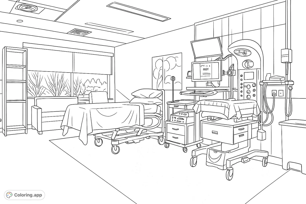 Explore a detailed modern hospital room coloring page, featuring a patient bed, medical equipment, and a serene window view.