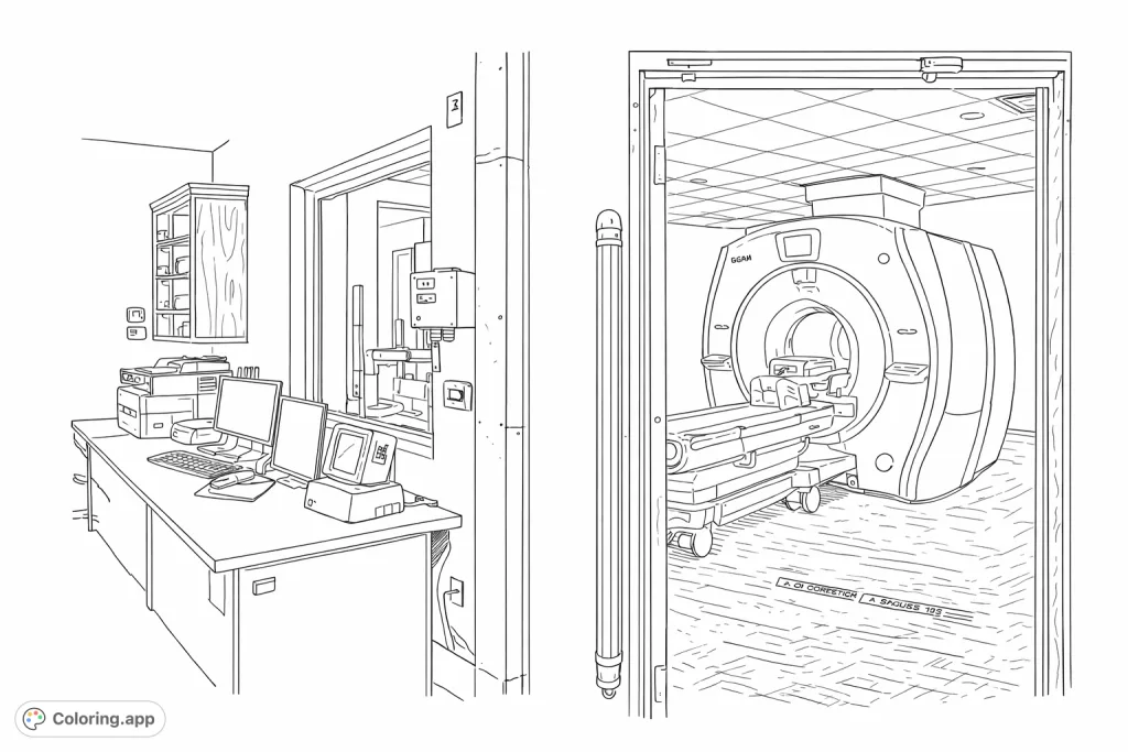 Explore a detailed medical diagnostic imaging center, featuring a complex scanner, control station with multiple monitors, and a connecting window.
