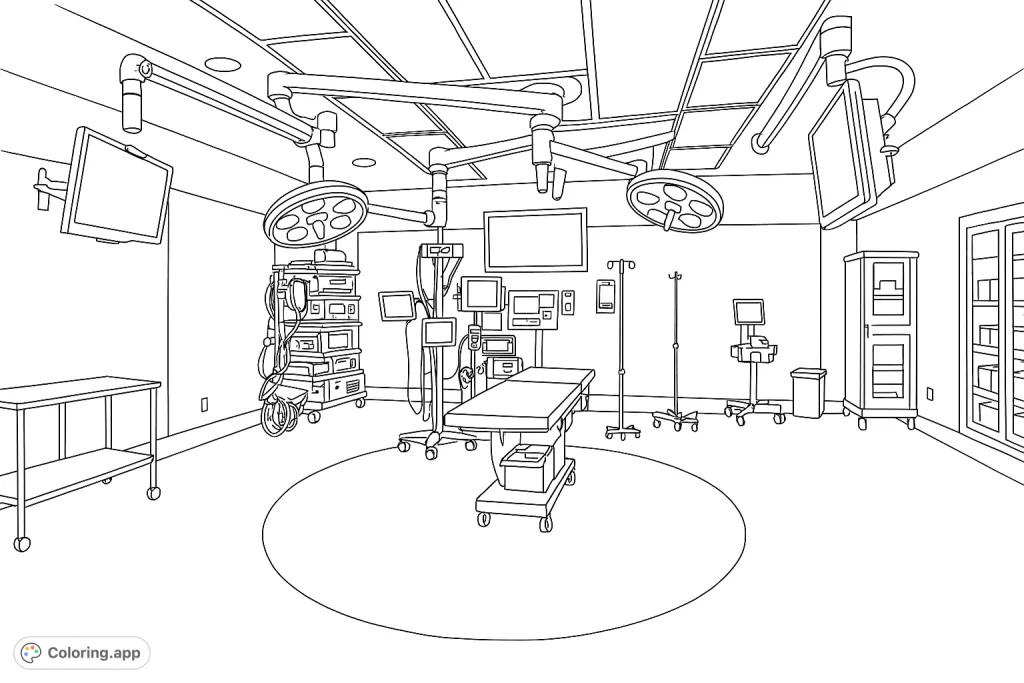 Explore a detailed modern operating room with advanced surgical lights, medical monitors, and an operating table, ready for a vital procedure.