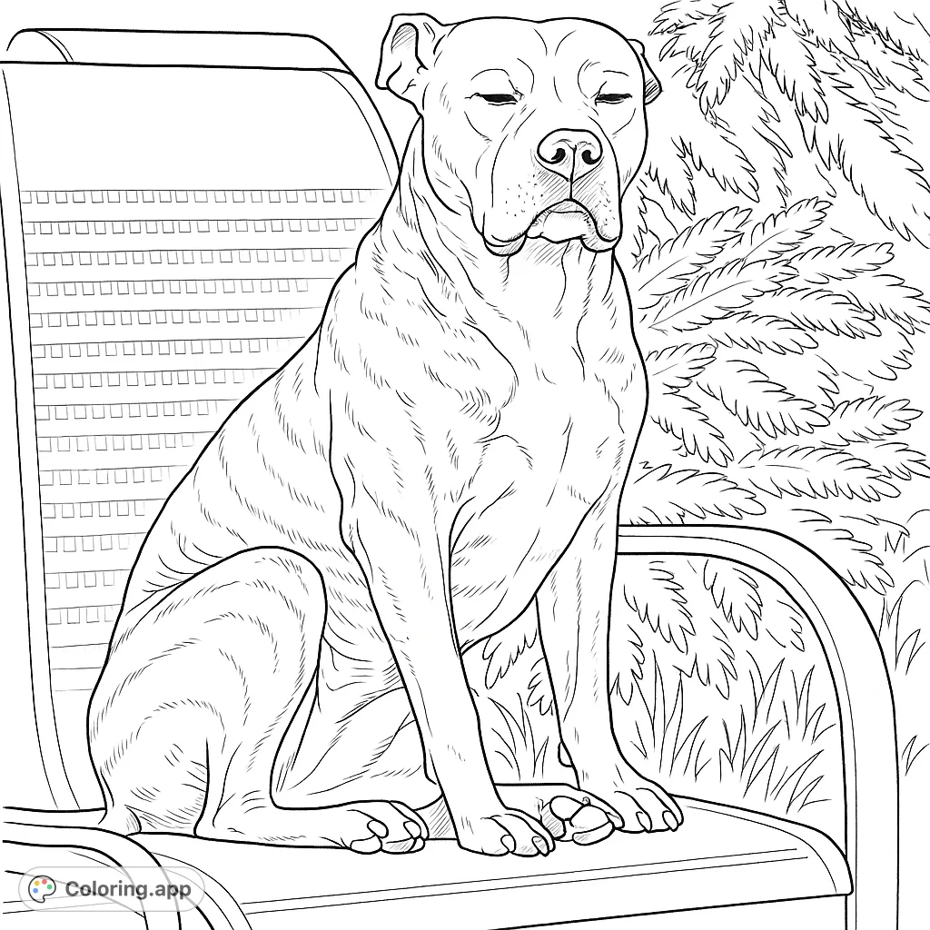 A powerful brindle dog sits calmly on an outdoor chair, surrounded by lush foliage. Perfect for dog lovers to color and relax.