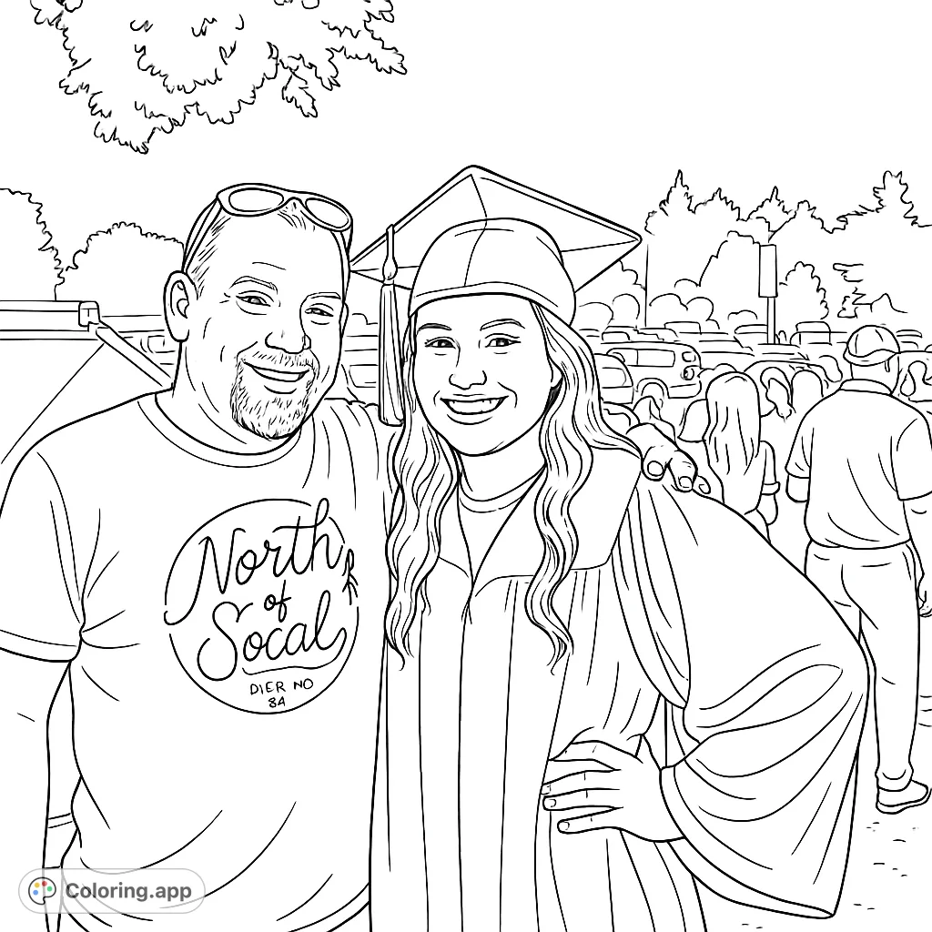 Celebrate a special graduation moment with this heartwarming coloring page featuring a proud graduate and a supportive family member. Perfect for commemorating achievements.