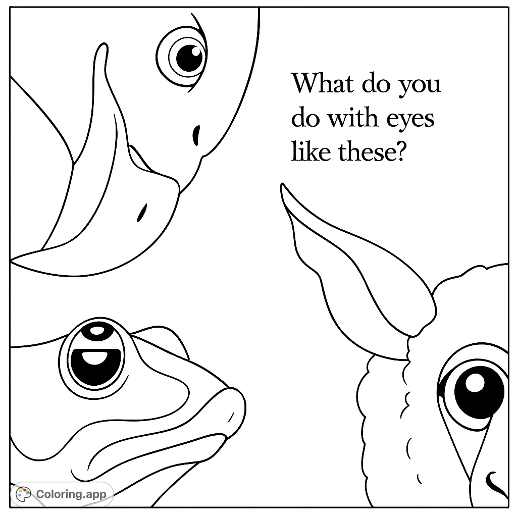 Explore a unique animal faces collage. Features a goose, frog, and a mysterious mammal, each with expressive eyes, offering a creative coloring challenge.