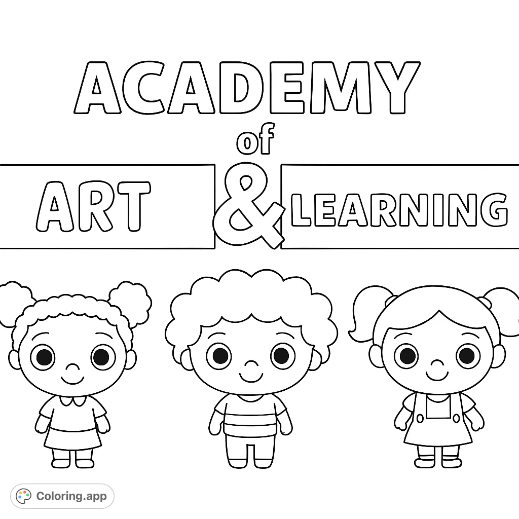 Three cheerful cartoon children stand beneath "Academy of Art & Learning" text. A fun, educational coloring page for young learners.