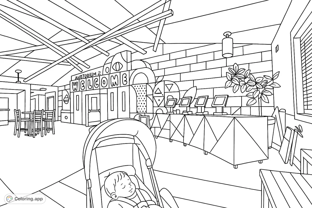A vibrant welcome area with geometric designs, a friendly sign, and a cozy stroller, perfect for creative coloring.