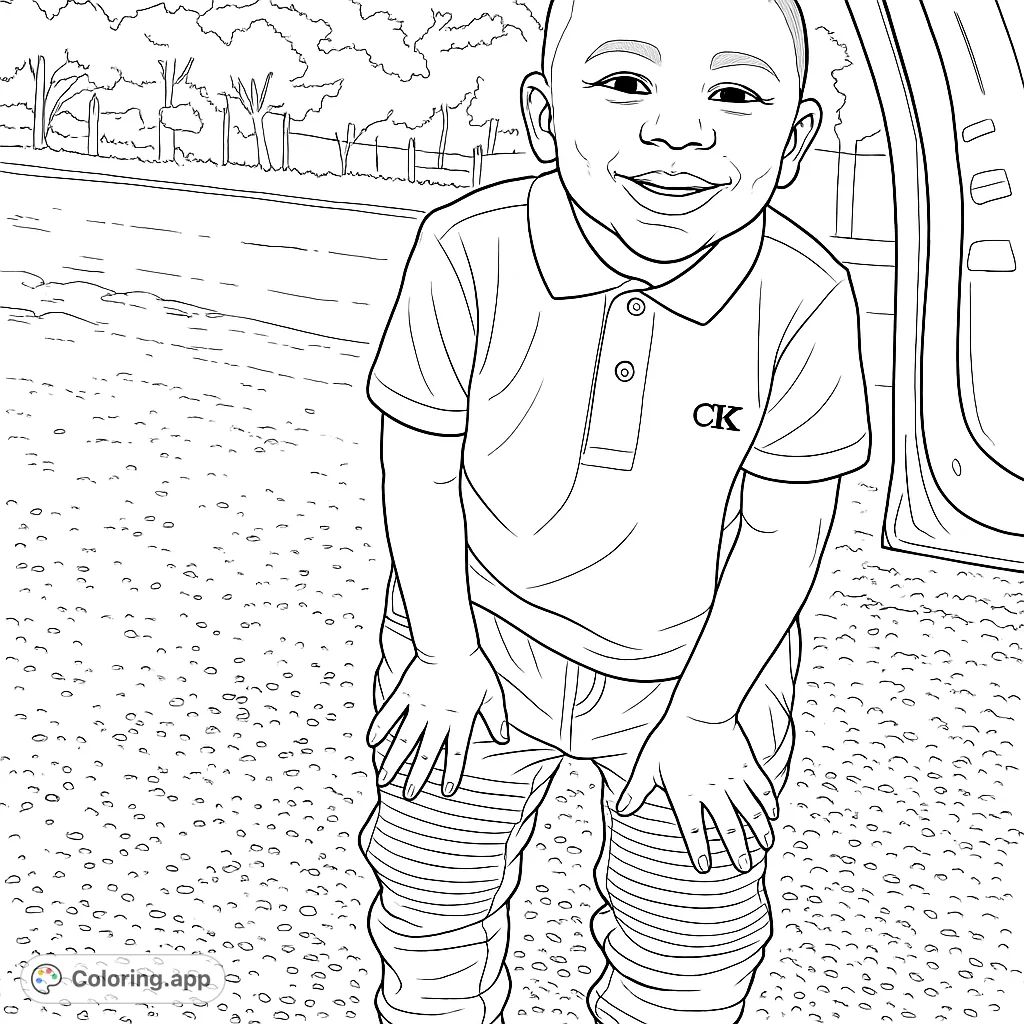 A cheerful child in a polo shirt and textured pants, crouching outdoors, ready for a fun coloring adventure. Perfect for kids!