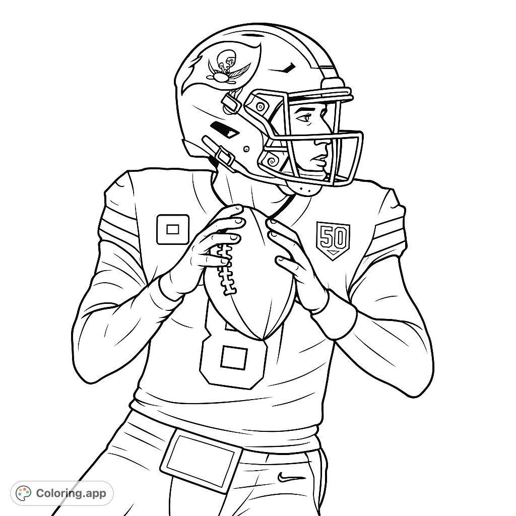 Dynamic football player in uniform, helmet on, holding the ball, ready for action. A thrilling sports scene for all ages to color.