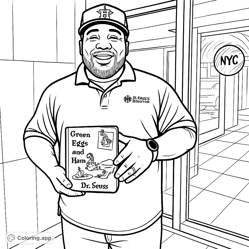 A smiling man proudly displays a classic Dr. Seuss book, 'Green Eggs and Ham,' against a simple architectural background.