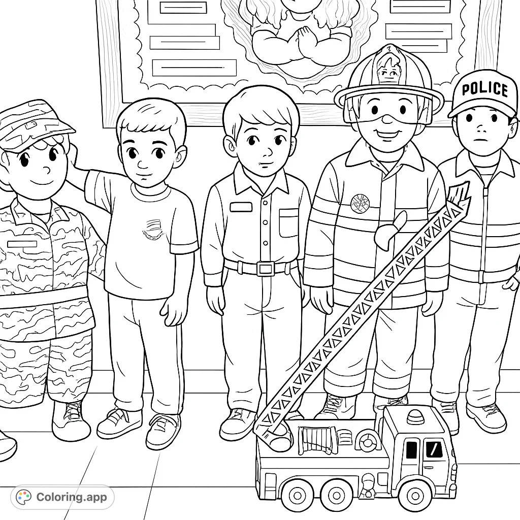 A delightful coloring page featuring four children dressed as community helpers: a firefighter, police officer, and others, with a toy fire truck. Perfect for learning and fun!