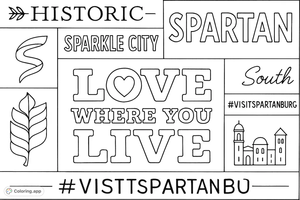 A charming mural featuring 'LOVE WHERE YOU LIVE' with distressed text and local themes like 'HISTORIC SPARTA' and 'SPARKLE CITY' on a textured brick wall.