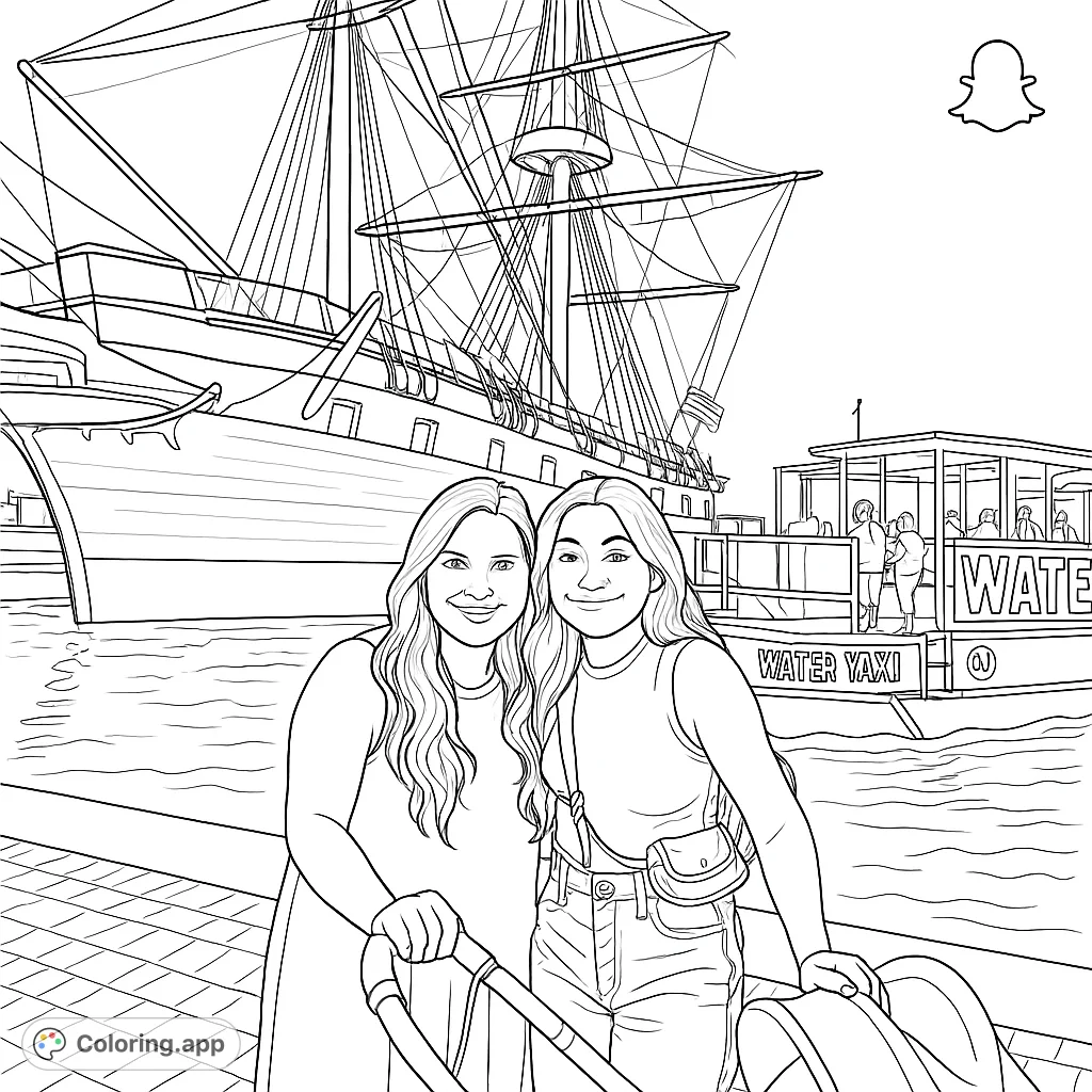 Two friends pose by a grand tall ship and water taxi in a bustling harbor scene. A detailed maritime adventure awaits your creative touch.