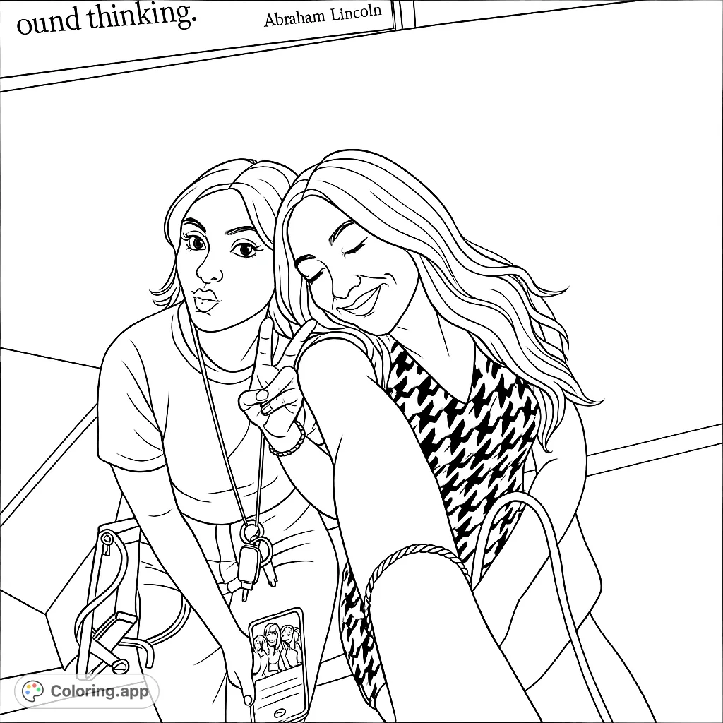 Capture a heartwarming moment of two friends taking a selfie. One poses playfully, the other smiles serenely, perfect for personalizing with your favorite hues.