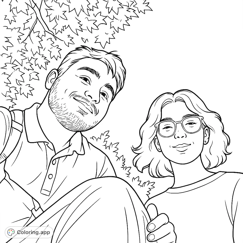 A delightful coloring page featuring a smiling man and woman looking up, framed by a lush tree canopy and open sky. Perfect for a relaxing creative session.
