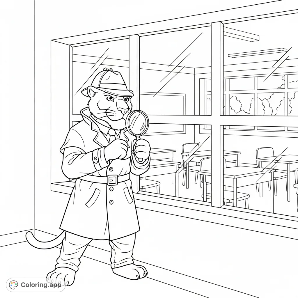 A clever panther mascot detective investigates from a school classroom window. A fun and engaging panther mascot detective coloring page for kids and adults.