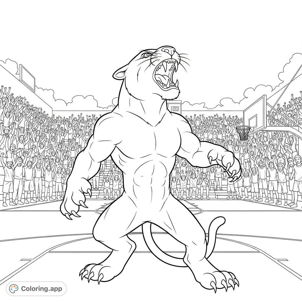 A powerful panther mascot roars on a basketball court, surrounded by a cheering school crowd. Capture the intense energy of a school basketball game.