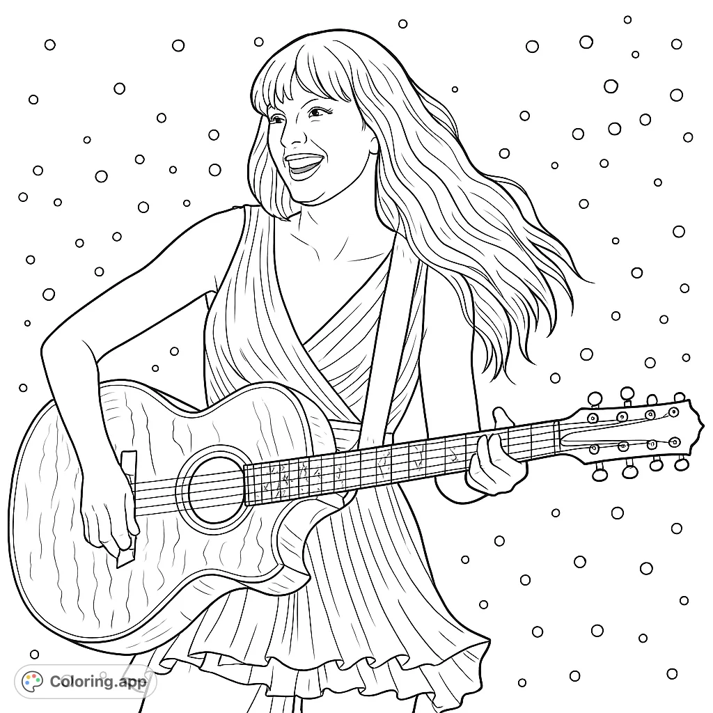 Capture the vibrant energy of a musician performing with her acoustic guitar. This dynamic coloring page features a smiling artist and intricate instrument details.