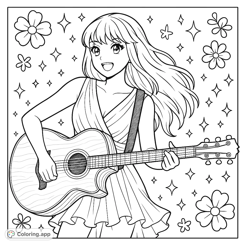 Capture the energy of a pop star performing live with her acoustic guitar. This anime-inspired coloring page features a joyful musician on stage.