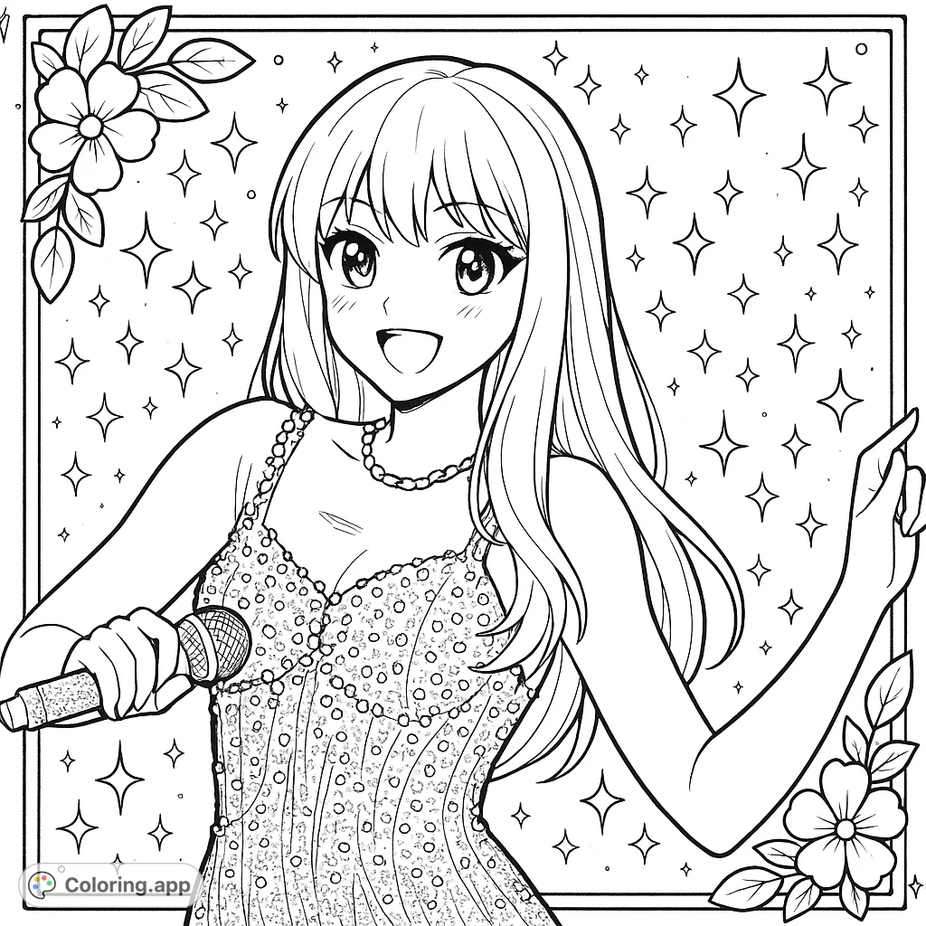 An anime-inspired pop star shines on stage, ready for you to add vibrant colors. Features characteristic eyes, expressions, decorative flowers, and a sparkly background.
