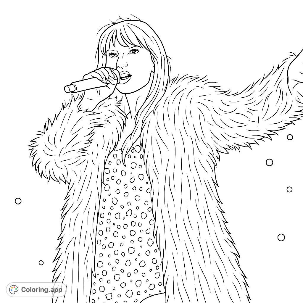 Capture the dynamic energy of a pop star on stage, adorned in a textured coat and sequined dress, holding a microphone. A vibrant coloring experience awaits.