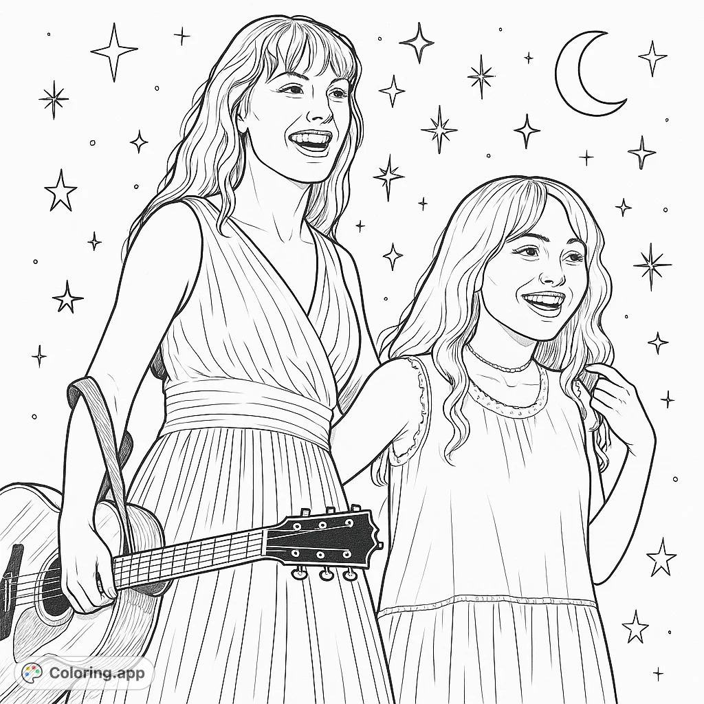 Capture the joy of two pop stars on stage, one with a guitar, surrounded by celestial elements. A realistic and moderately detailed design for music lovers.