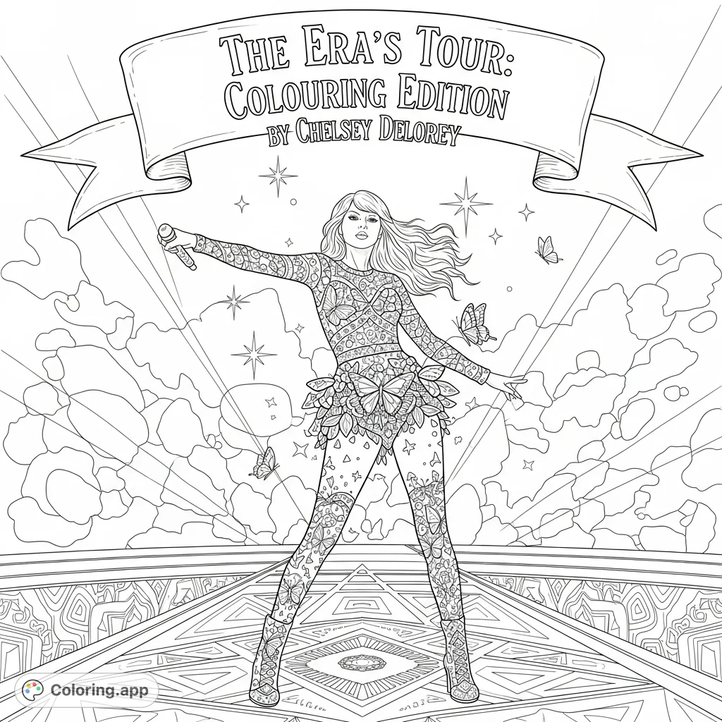 Capture the iconic silhouette of Taylor Swift performing on stage, surrounded by concert elements and a bold title. A dynamic pop music coloring page.
