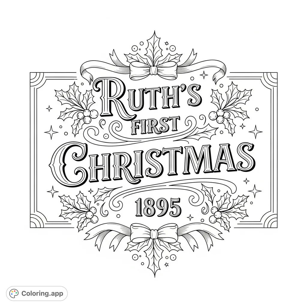 An elegant vintage logo featuring 'Ruth's First Christmas 1895' text, adorned with festive holly, ribbons, and stars. A charming, nostalgic design for coloring.