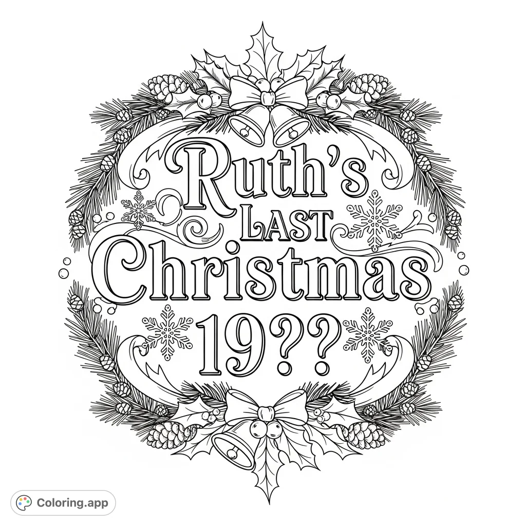 ' text logo, adorned with intricate snowflakes, holly, ribbons, and pine branches, perfect for festive coloring.